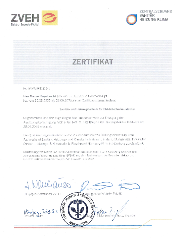 Zertifizierung Sanitär- und Heizungstechnik nach §7a HwO im Installateur- und Heizungsbauer-Handwerk bei EMELTEC Elektrotechnik in Pyrbaum