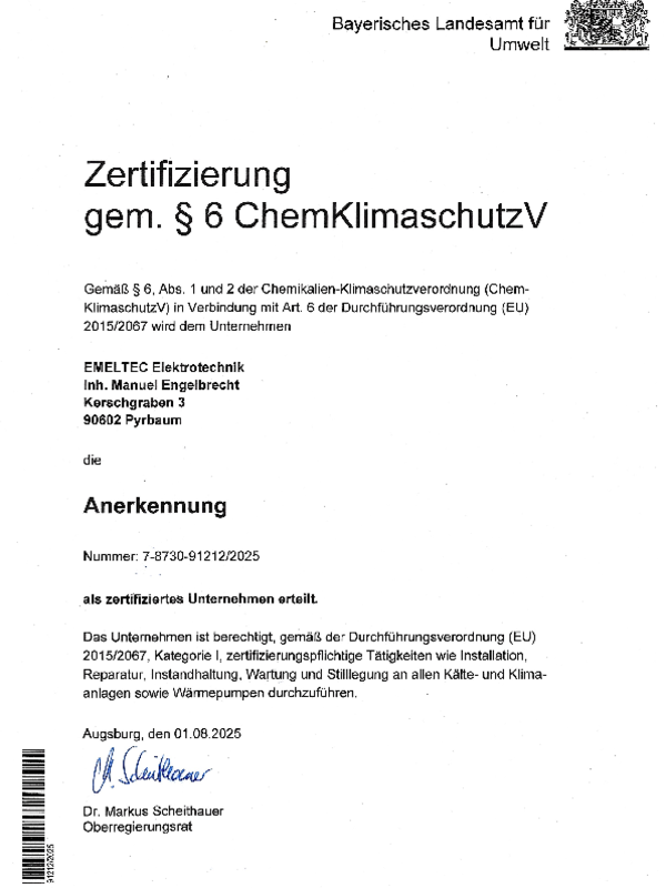 Zertifizierung gem. § 6 ChemKlimaschutzV bei EMELTEC Elektrotechnik in Pyrbaum
