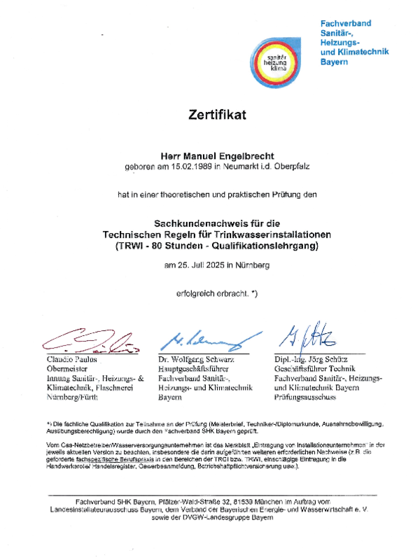 Zertifizierung Technische Regeln für Trinkwasserinstallation - TRWI bei EMELTEC Elektrotechnik in Pyrbaum